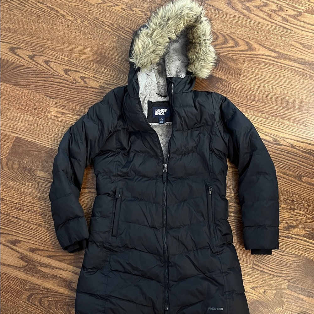 Lands End Girls Coat with Faux Fur Trim - Picture 4 of 4